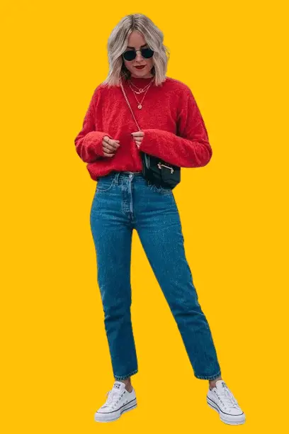 A Bold and Vibrant Look with Red Sweater and Mom Jeans