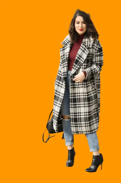 Checkered Coat With Mom Jeans In Winter
