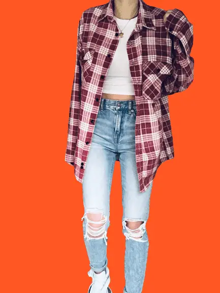 Plaid Shirt With Ripped Mom Jeans