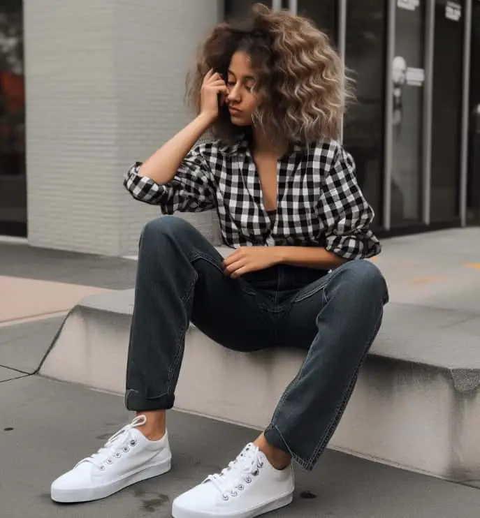 style with black mom jeans, Checkered Shirt With Black Mom Jeans