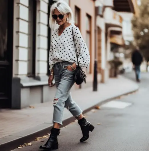 Black Polka Dot White Top With Boyfriend Jeans for 50 years old women