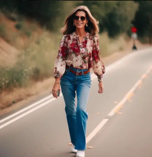 50 year old women wearing Floral Blouse With Boyfriend Jeans