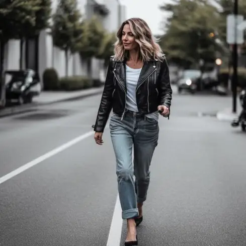 Leather Jacket with Boyfriend Jeans  for 40 years old women