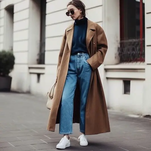 Long Coat With Dad Jeans for women
