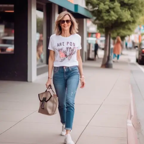 40 years old women wearing Graphic Tee with Boyfriend Jeans