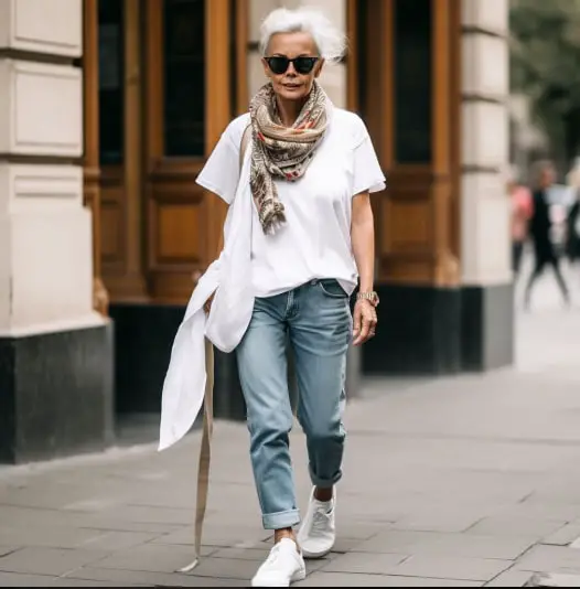 White T-shirt With Boyfriend Jeans for 50 years old women