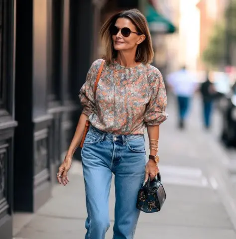Printed Top With Boyfriend Jeans for 40 years old women