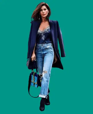 Navy Coat And Boyfriend Jeans With Ankle Boots