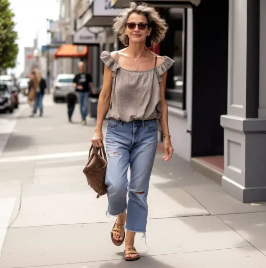 Ruffle Top With Boyfriend Jeans for 50 years old women