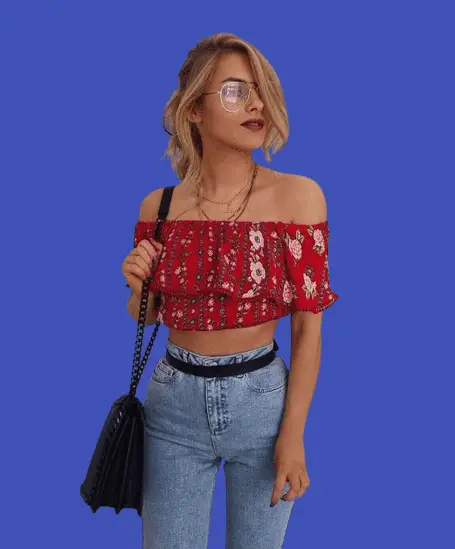 Off-the-shoulder top With High Waisted Jeans for petite girl