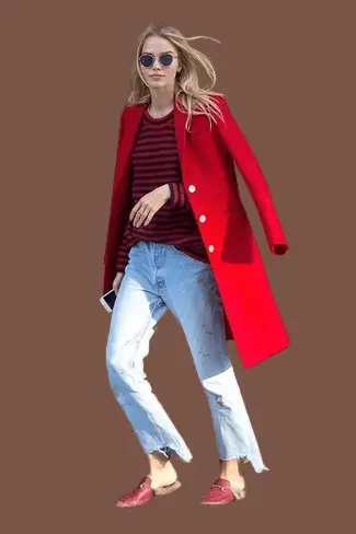  Red Long Coat with Boyfriend Jeans