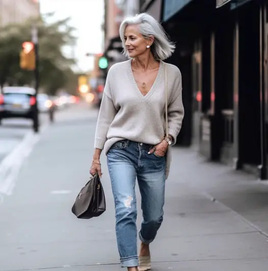 50 year old women wearing V-neck Cardigan With Boyfriend Jeans