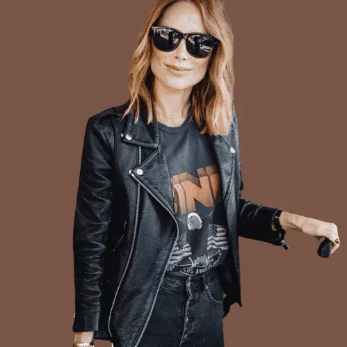 40 years old women wearing Moto Jackets With High-waisted Jeans