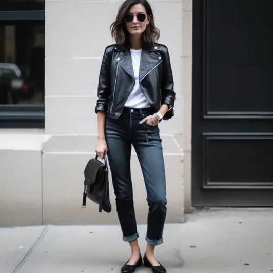 Black Leather Jacket With Girlfriend Jeans