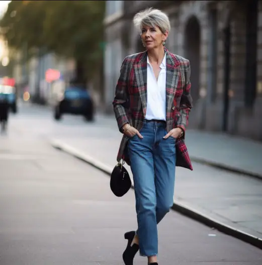 50 year old women wearing Tartan Print Blazer With Boyfriend Jeans