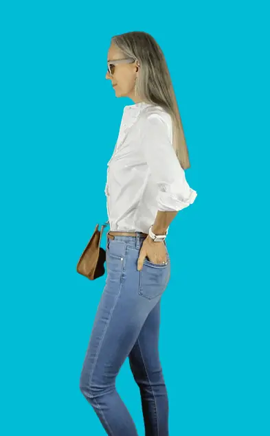 40 years old women wearing Button-up Shirt With High-waisted Jeans