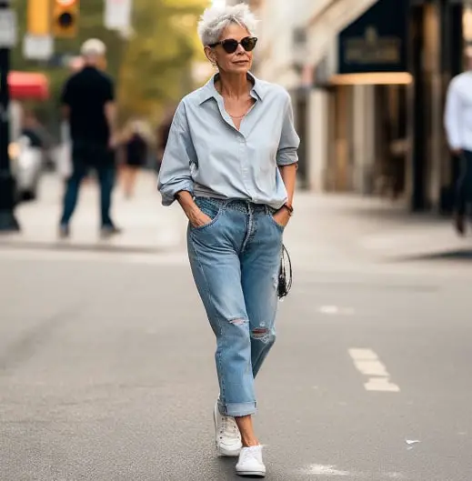 50 year old women wearing Loose-fit Shirt With Boyfriend Jeans