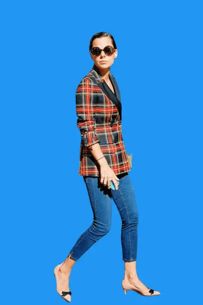 Checkerboard Jacket and Jeans with Pumps