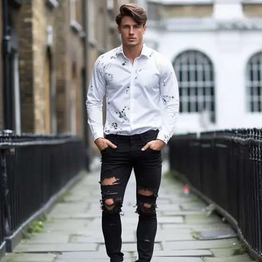 What To Wear With Black Ripped Jeans for Men: Oxford Shirt and Black Ripped Jeans