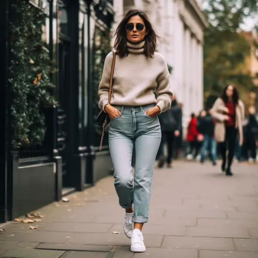 Turtleneck With Cuffed Jeans And Sneakers
