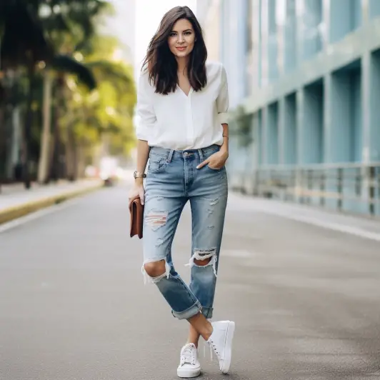 Blouse With Cuffed Jeans And Sneakers, sneakers with cuffed jeans
