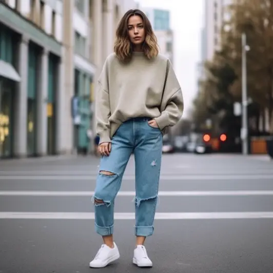 Oversized Sweater With Cuffed Jeans And Sneakers