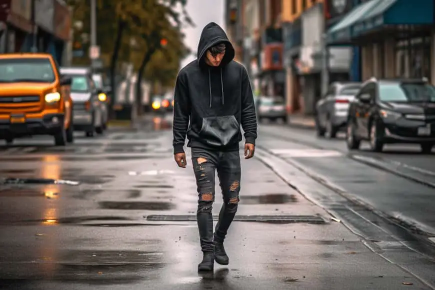Styling ideas for black distressed jeans: Hoodie and Black Ripped Jeans
