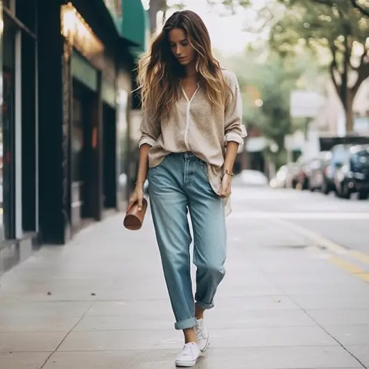 Flowy Blouse With Cuffed Jeans And Sneakers