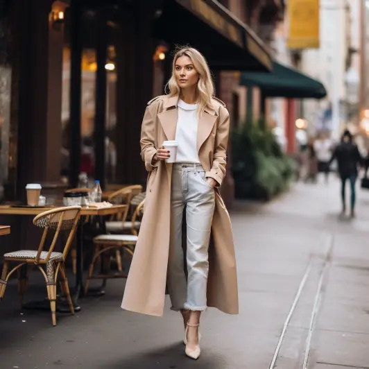 Beige Coat With Cuffed Jeans