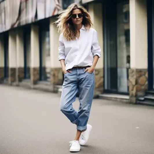 Button-Down Shirt With Cuffed Jeans And Sneakers