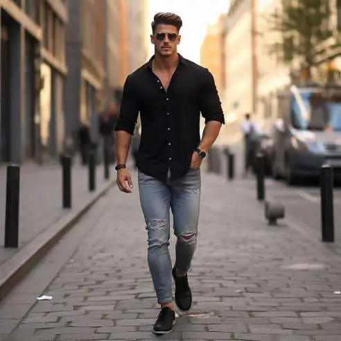 black shirt light jeans for men