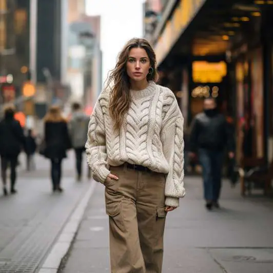 Carpenter jeans outfit : Cable-knit Sweater With Carpenter Jeans