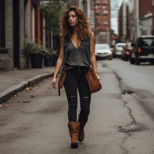 black jeans and brown boots outfit:Tank Tops With Black Jeans And Brown Boots