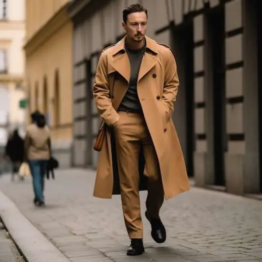 Tan Trench Coat With Brown Pants Black Shoes