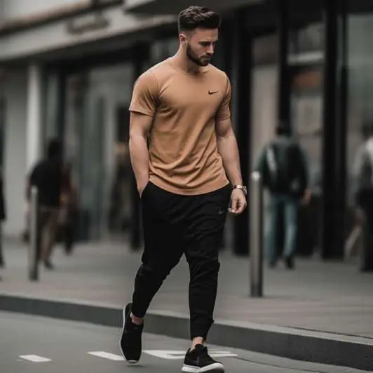 Brown Athletic T-Shirt with Black Track Pants