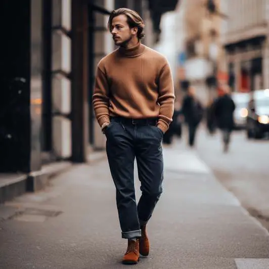 how to style workwear pants: Turtleneck With Carpenter Jeans