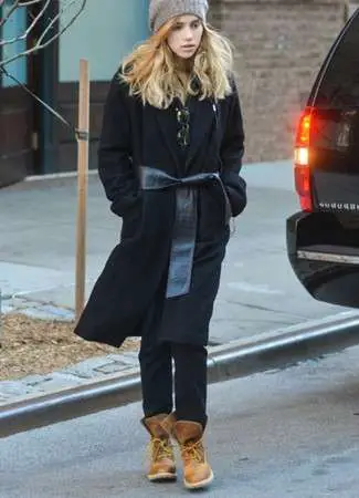 Black Wool Coat With Black Jeans And Brown Boots