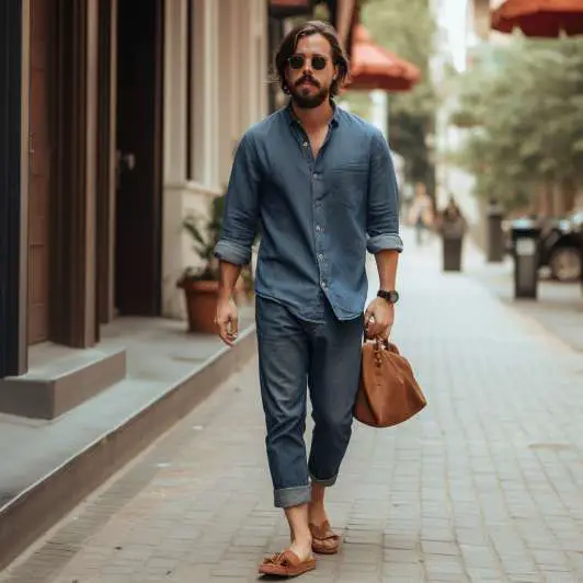 how to style workwear pants: Chambray Shirt With Carpenter Jeans