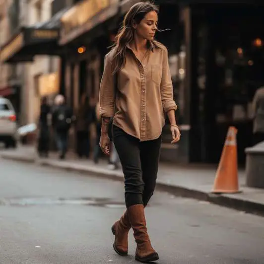 Button-down Shirt With Black Jeans And Brown Boots