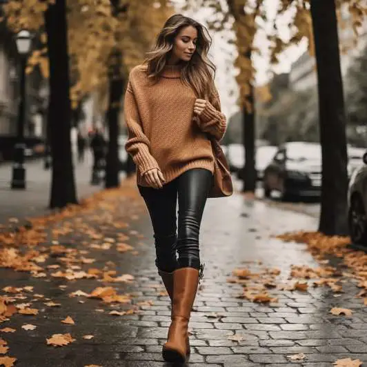 black jeans and brown boots: Sweater and black jeans with knee-high brown boots