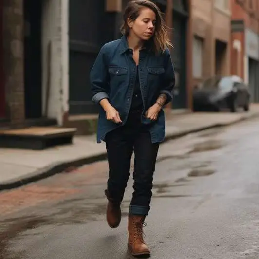 black jeans and brown boots: Denim shirt and black jeans with brown Chelsea boots