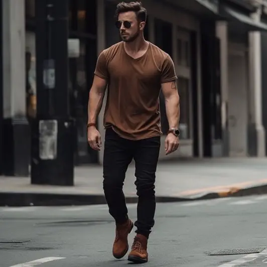 Black Jeans And Brown Boots with T-shirt
