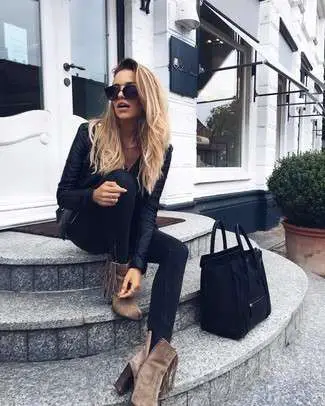 black jeans and brown boots combination with Black lace top and black jeans with brown suede ankle boots