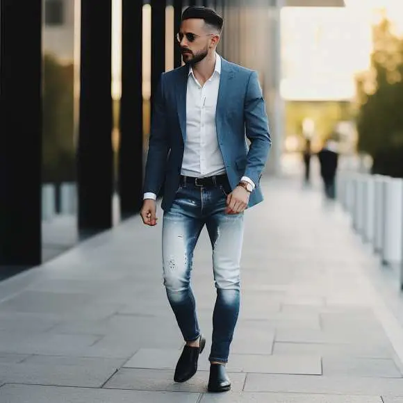 Outfit with black shoes and blue jeans: Blazer and Black Shoes With Blue Jeans
