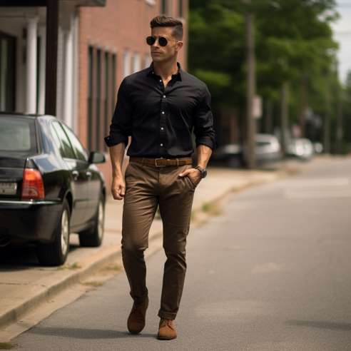 A man in a black shirt and khaki pants stands on a bridge photo  Free Man  Image on Unsplash