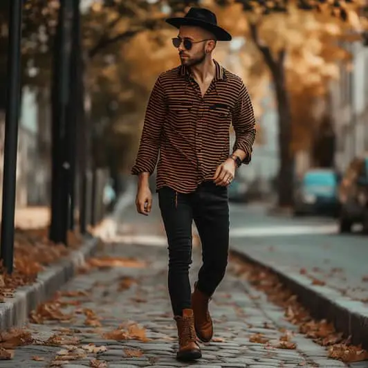 Striped Shirt With Black Jeans And Brown Boots