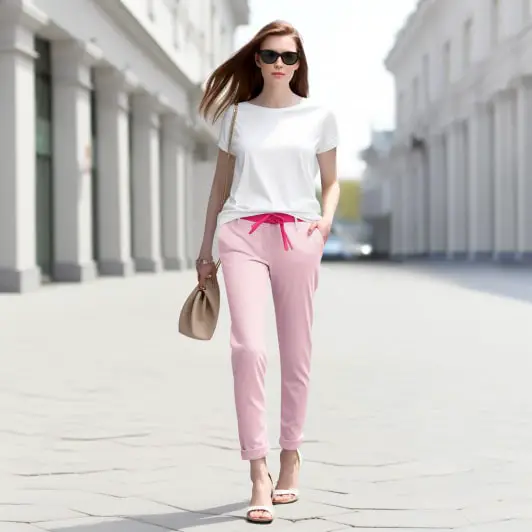 Pink pants fashion combinations: White Tee with Pink Pants