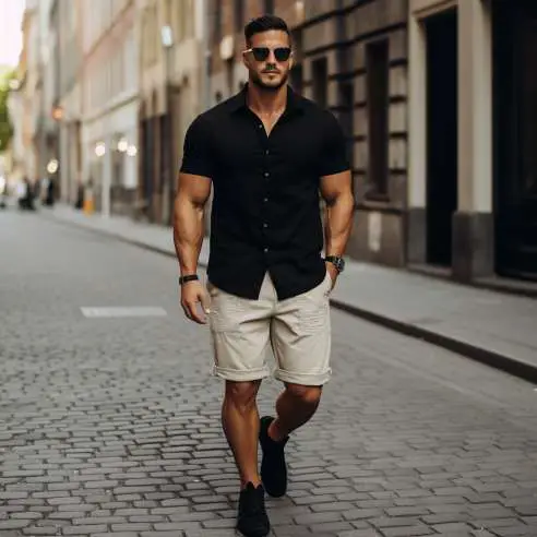  Wear a black linen shirt with khaki shorts and white sneakers