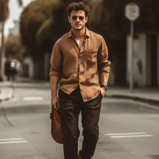 brown shirt and black pants: Brown Linen Shirt with Black Trousers