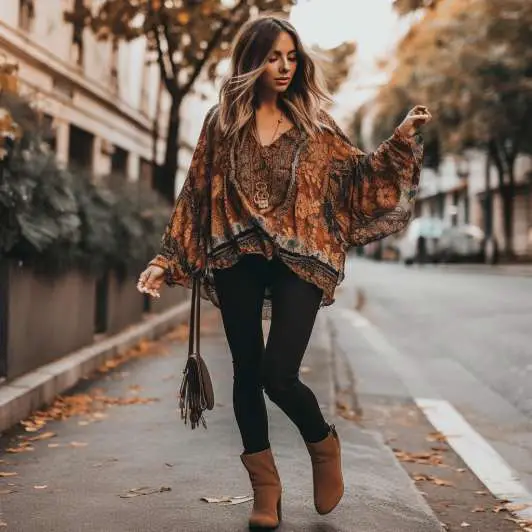 black jeans and brown boots outfit: Flowy printed top and black jeans with brown fringe boots